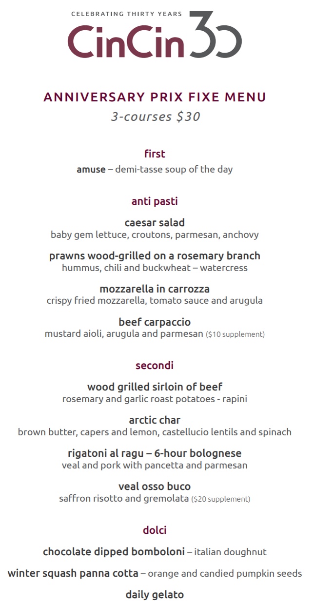 CinCin 30th ANNIVERSARY PRIX FIXE Menu