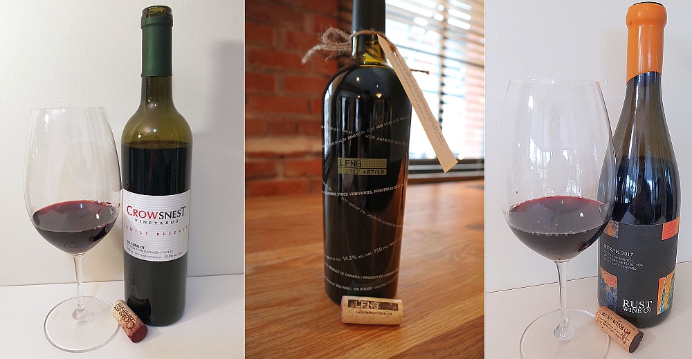 Crowsnest Vineyards Family Reserve Merlot 2014, Laughing Stock Vineyards Portfolio 2017, and Rust Wine Co Syrah 2017, Golden Mile Bench, South Rock Vineyard wines