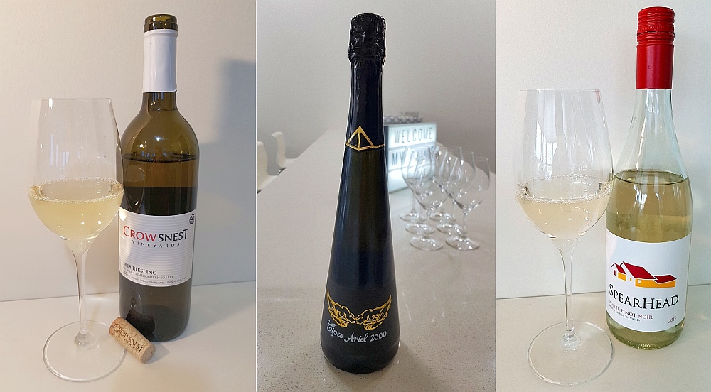 Crowsnest Vineyards Riesling 2018, Summerhill’s Cipes Ariel 2000, and SpearHead Winery White Pinot Noir 2019 wines