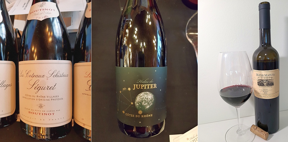 Domaine Boutinot Les Coteaux Schisteux Seguret Cotes du Rhone Villages 2016, Les Halos de Jupiter Gigondas 2016, and Casale del Giglio Mater Matuta Rosso IGT 2016