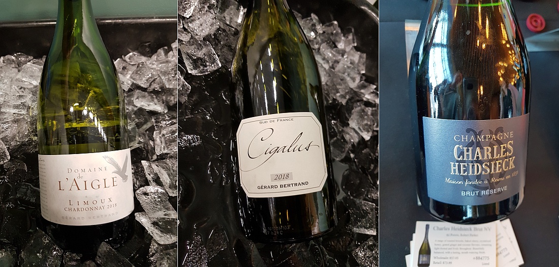 Gérard Bertrand Domaine de L’Aigle Chardonnay and Cigalus Blanc 2018, and Charles Heidsieck Brut Reserve NV wines