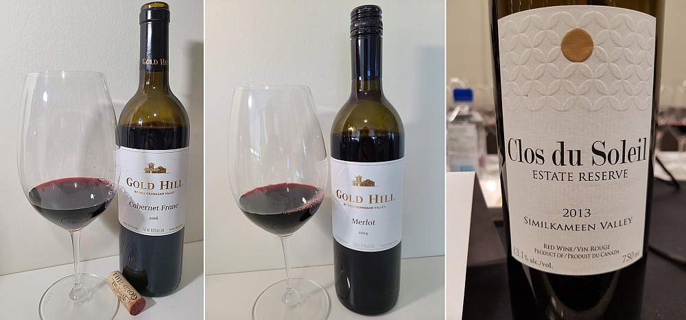 Gold Hill Winery Cabernet Franc 2016 and Merlot 2014 and Clos du Soleil Winery Estate Reserve Red 2013 wines