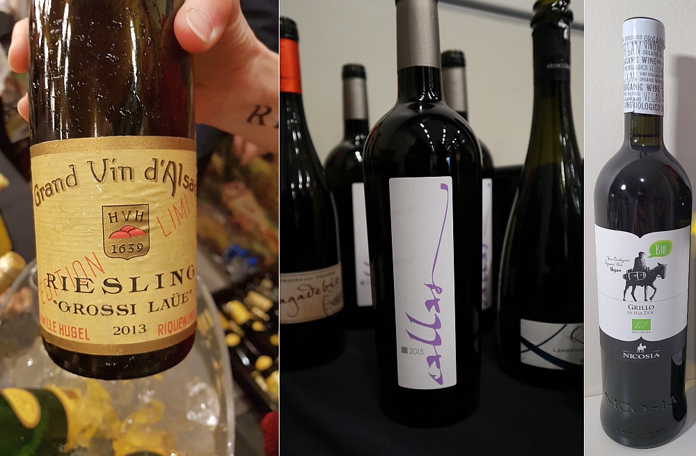 Hugel & Fils Grossi Laue Riesling 2013, Monte Delle Vigne Callas 2015, and Cantine Nicosia Grillo Sicilia DOC 2018 wines