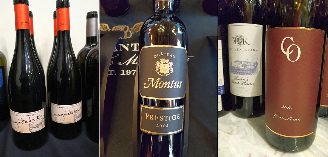 Poderi dal Nespoli Pagadebit 2017, Vignobles Alain Brumont Chateau Montus Cuvee Prestige 2002, and Korta Katarina Reuben’s Private Reserve 2008 wines