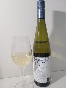 Thirty Bench Small Lot Riesling, Wood Post Vineyard, 2015 with wine in glass