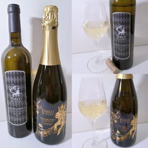 Enrico Winery Celebration Charme de l'ile 2019 and Shining Armour Pinot Gris 2018 with wines in glasses