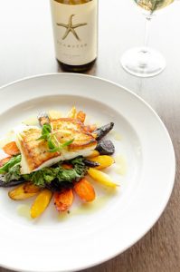 Seared Halibut with Sea Star Vineyards Stella Maris 2020 (PC Emrys Horton EPH6605)