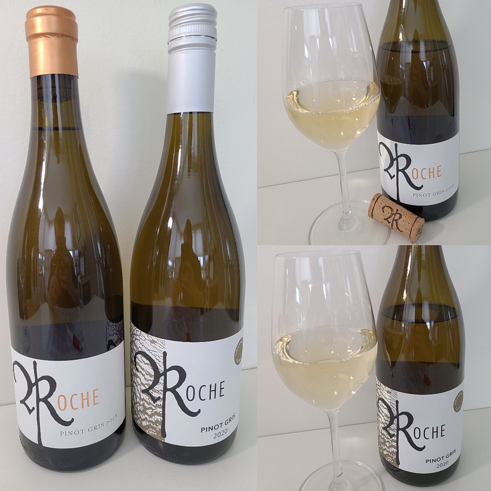 Roche Wines Tradition Pinot Gris 2018 and Texture Pinot Gris 2020 with wines in glasses