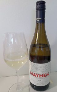 Mayhem Wines Sauvignon Blanc 2020 with wine in glass