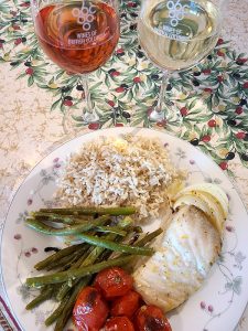 Mediterranean Baked Halibut and Mayhem Sauvignon Blanc and Rose wines