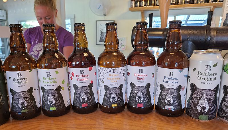A lineup of Brickers cider bottles and cans