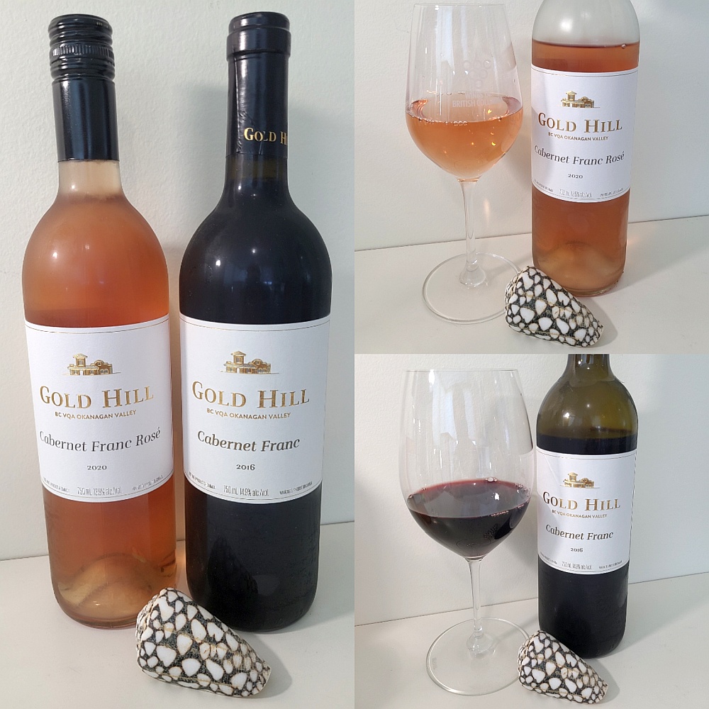 Gold Hill Cabernet Franc Rosé 2020 and Cabernet Franc 2016 with wines in glasses
