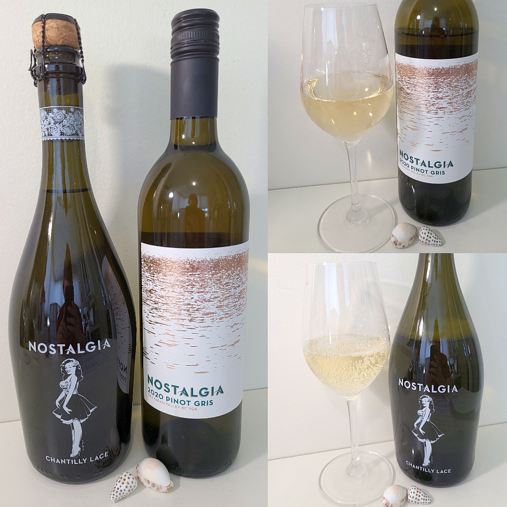 Nostalgia Wines Pinot Gris and Chantilly Lace 2020 with wines in glasses