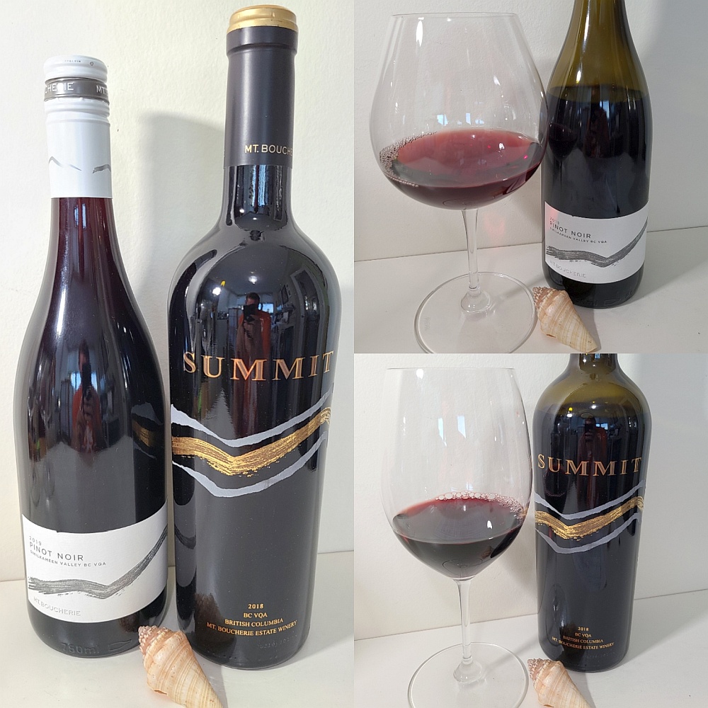Mt. Boucherie Estate Winery Pinot Noir 2019 and SUMMIT 2018 with wines in glasses