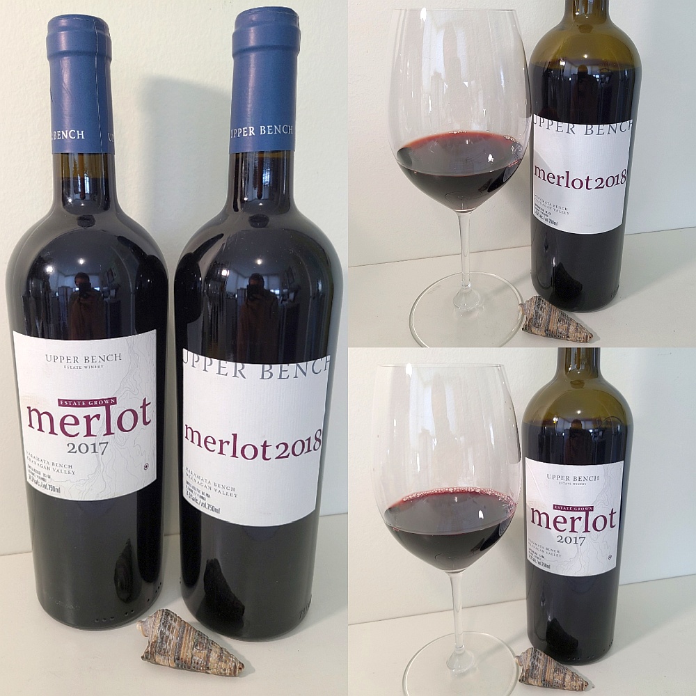 Upper Bench Estate Winery Estate Grown Merlot 2017 and Merlot 2018 with wines in glasses