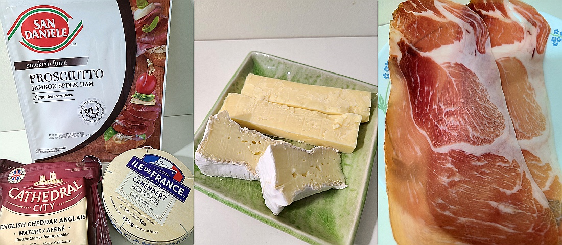 Smoked prosciutto and packaged cheese (L), mature cheddar and camembert (M), and smoked prosciutto (R)