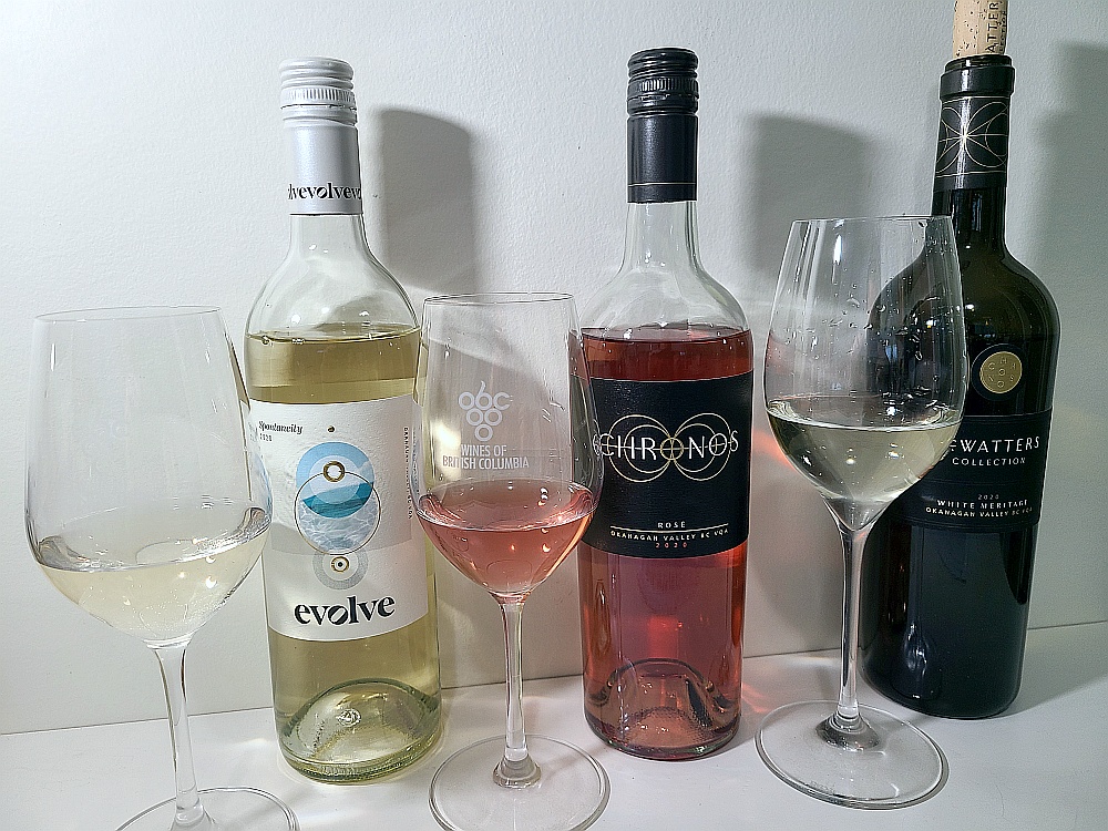 TIME Family of Wines Evolve Spontaneity, Chronos Rose, and McWatters Collection White Meritage with wines in glasses
