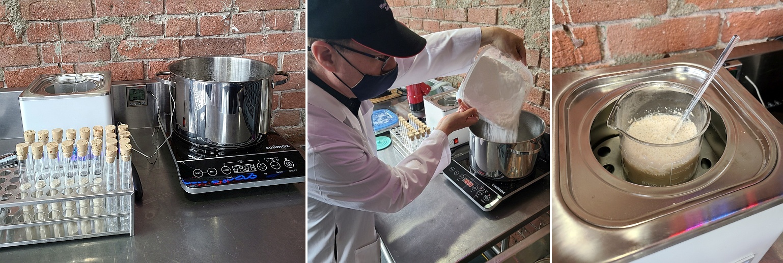 Warming up the containers for the yeast and dextrose (L), MyWinePal adding dextrose to heated water (M), and yeast rehydrating (R)