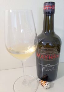 Mayhem Wines Fortified Gewurztraminer 2018 with wine in glass