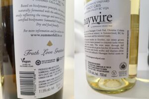 Summerhill Pyramid Winery and Okanagan Crush Pad winery backlabels showing vegan friendliness
