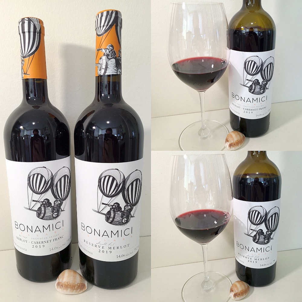Bonamici Cellars Merlot - Cabernet Franc and Small Lot Reserve Merlot 2019 with wines in glasses