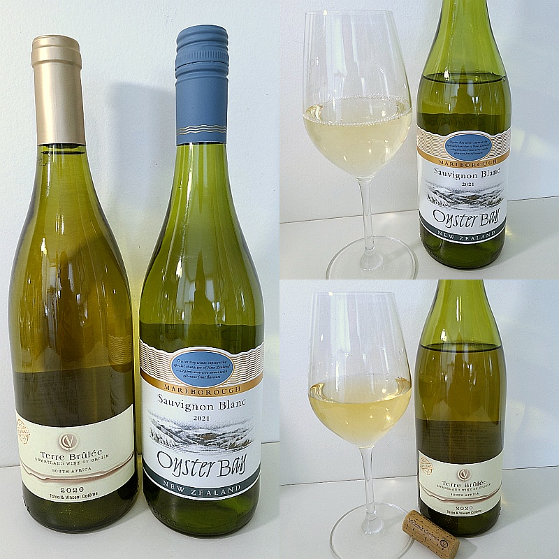 Terre Brulee le Blanc 2020 and Oyster Bay Marlborough Sauvignon Blanc 2021 with wines in glasses