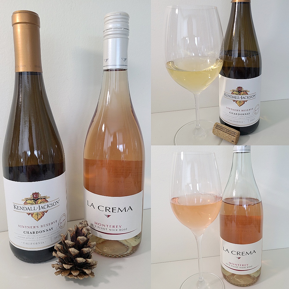 Kendall-Jackson Vintner's Reserve Chardonnay 2020 and La Crema Monterey Pinot Noir Rose 2019 with wines in glasses