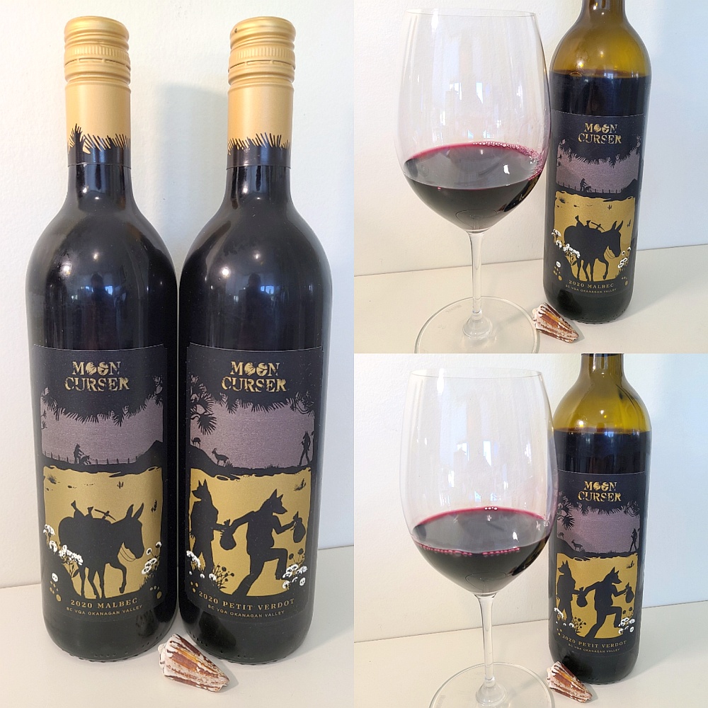 Moon Curser Vineyards Malbec 2020 and Petit Verdot 2020 with wines in glasses
