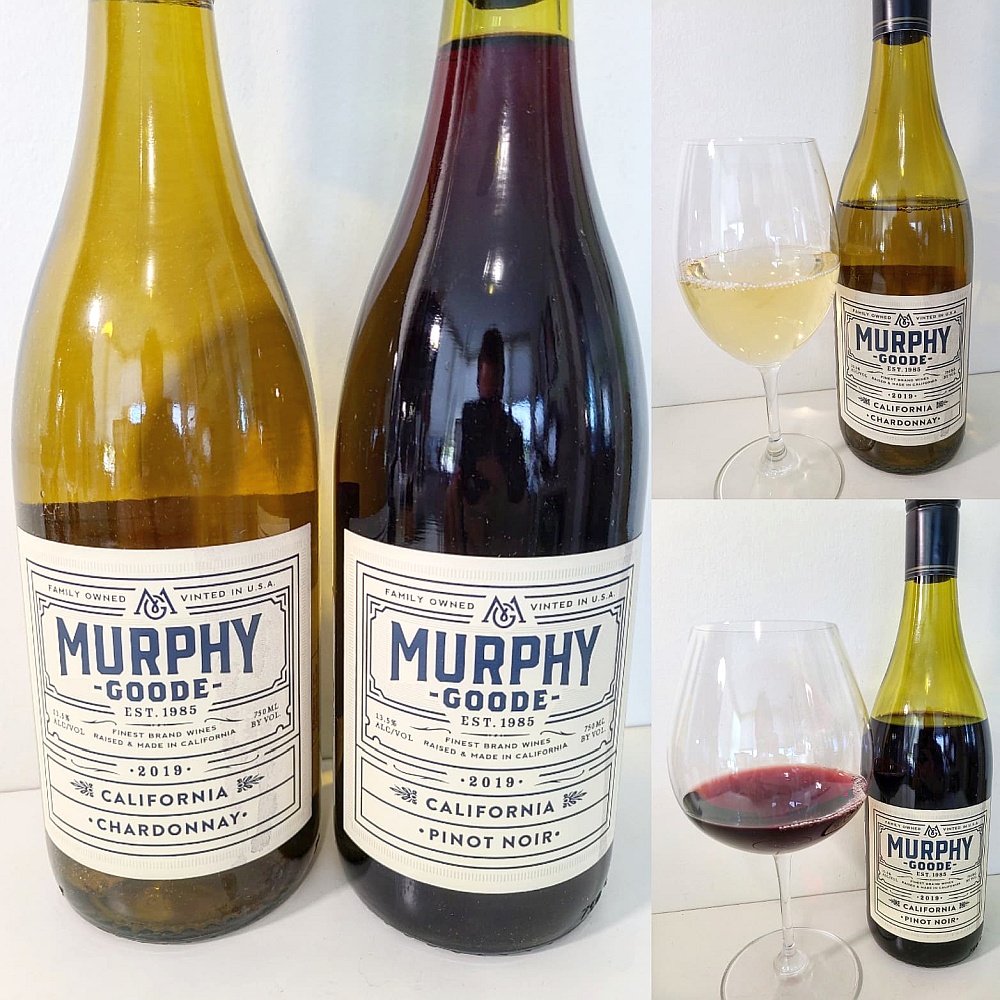 Murphy-Goode California Chardonnay 2019 and Pinot Noir 2019 with wines in glasses