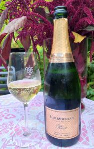 Blue Mountain Vineyard Gold Label Brut 2018 with wine in glass