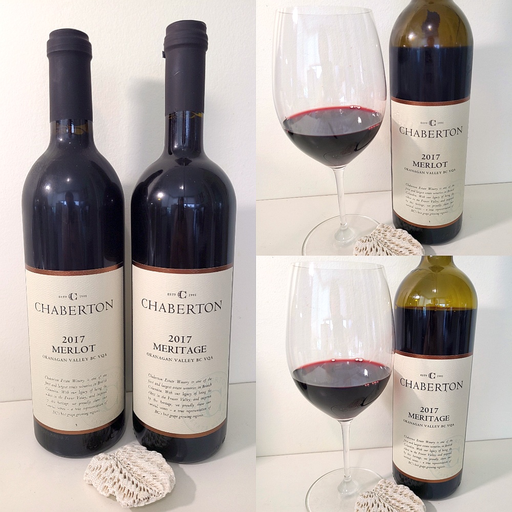 Chaberton Estate Winery Merlot 2017 and Meritage 2017 with wines in glasses