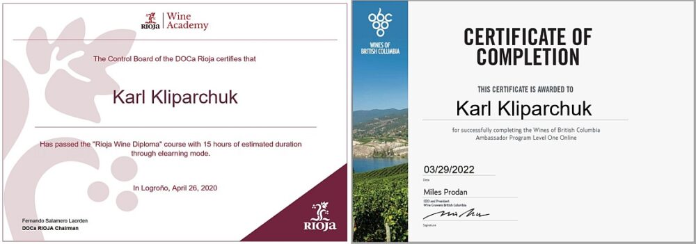 Karl Kliparchuk Rioja Wine Diploma and Wines of British Columbia Ambassador Level One certification