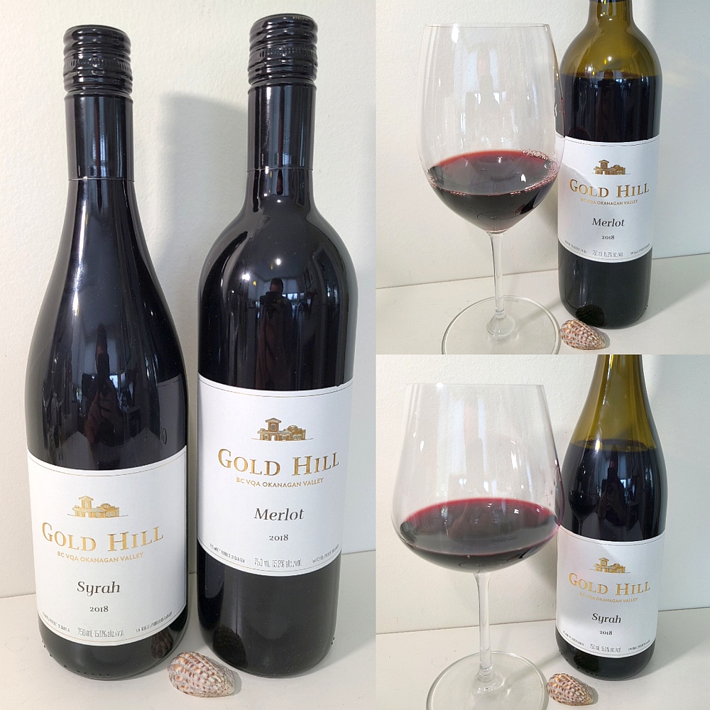 Gold Hill Winery Syrah 2018 and Merlot 2018 with wines in glasses