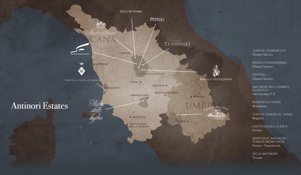 Antinori Estates wineries in Italy map