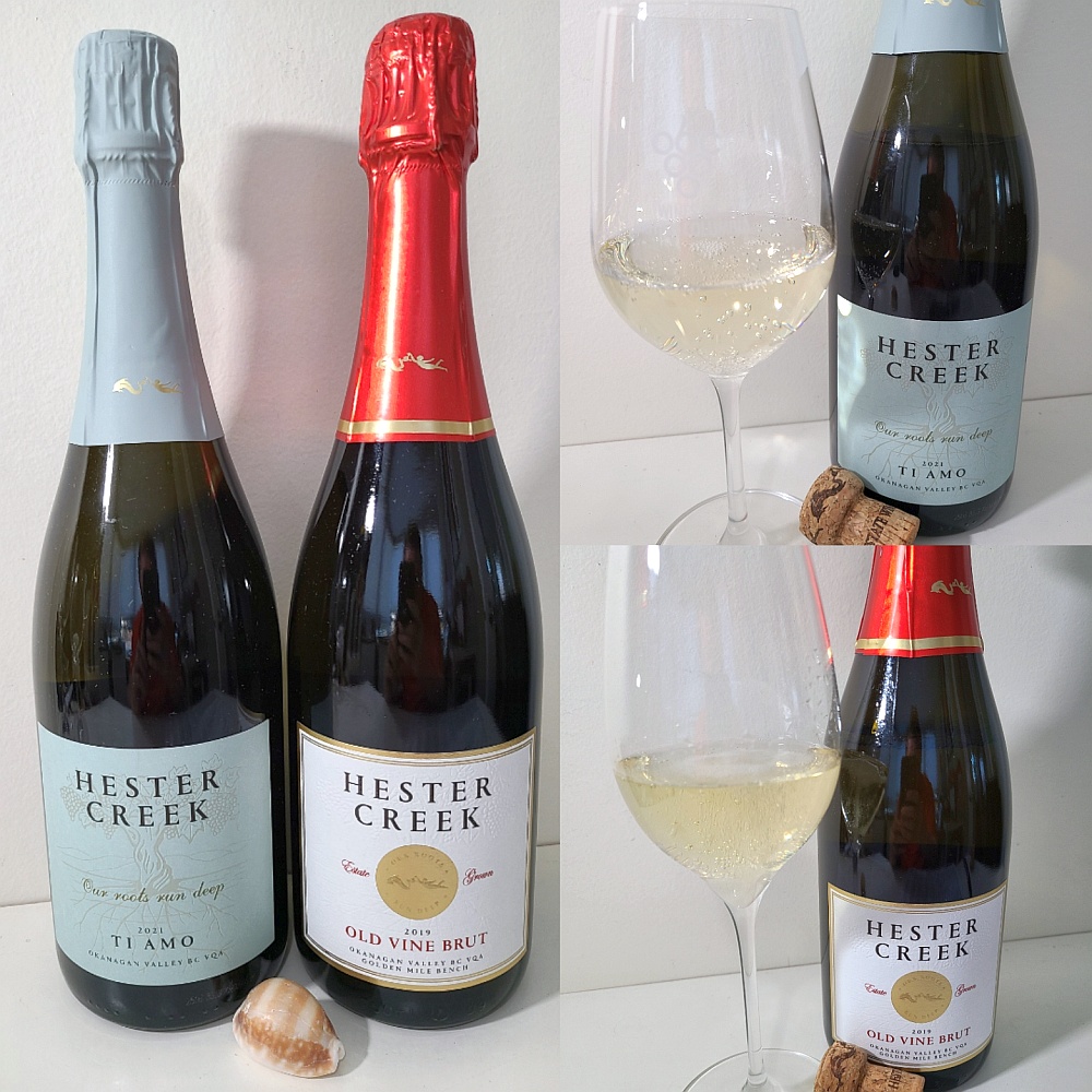 Hester Creek Estate Winery Ti Amo 2021 and Old Vine Brut 2019 with wines in glasses