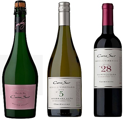 Cono Sur Sparkling Brut Rosé, Single Vineyard Chardonnay, and Single Vineyard Carmenere