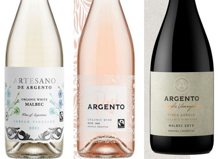 Bodega Argento Artesano de Argeno Organic White Malbec 2021, Organic Rosé 2021, Agrelo Single Vineyard Malbec 2020, Altamira Single Block Malbec 2019, and Estate Bottled Organic Malbec 2021 wines