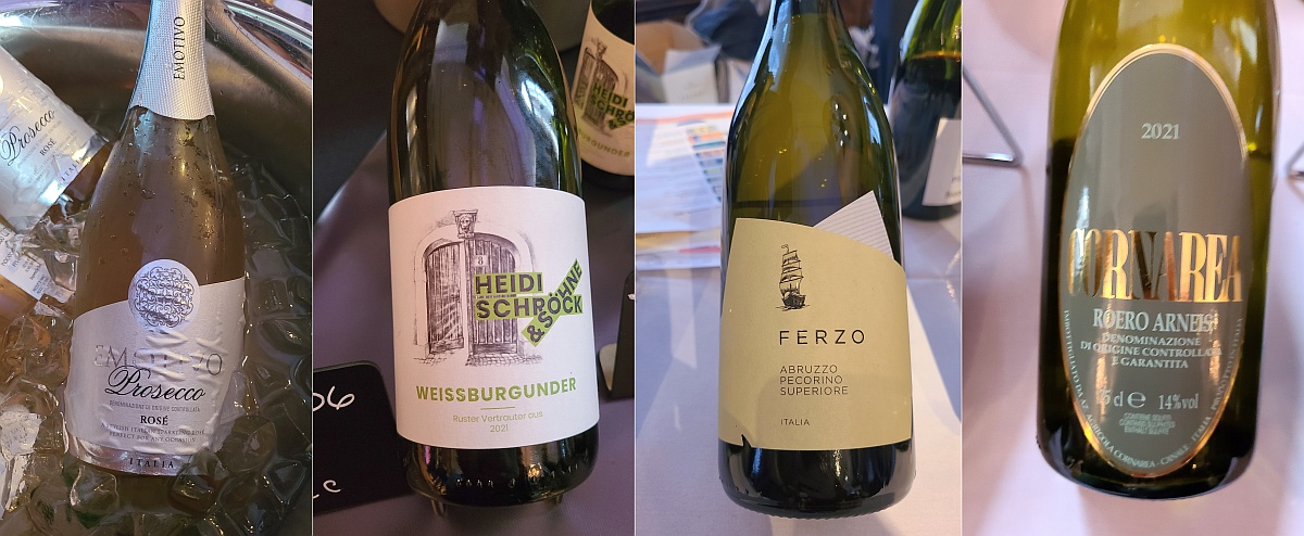Emotivo Prosecco Rose, Heidi Schrock &Sohne Weissburgunder 2021, Ferzo Abruzzo Pecorino Superiore, and Cornarea Rorero Arneis 2021 wines
