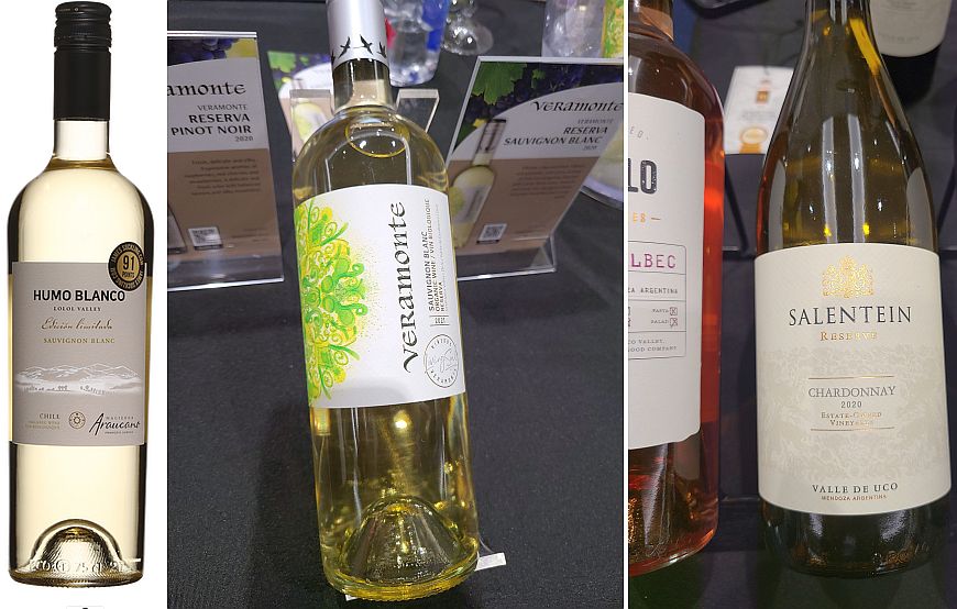 Hacienda Araucano Humo Blanco Sauvignon Blanc 2022, Veramonte Reserva Sauvignon Blanc 2020, and Bodegas Salentein Reserve Chardonnay 2020 wines