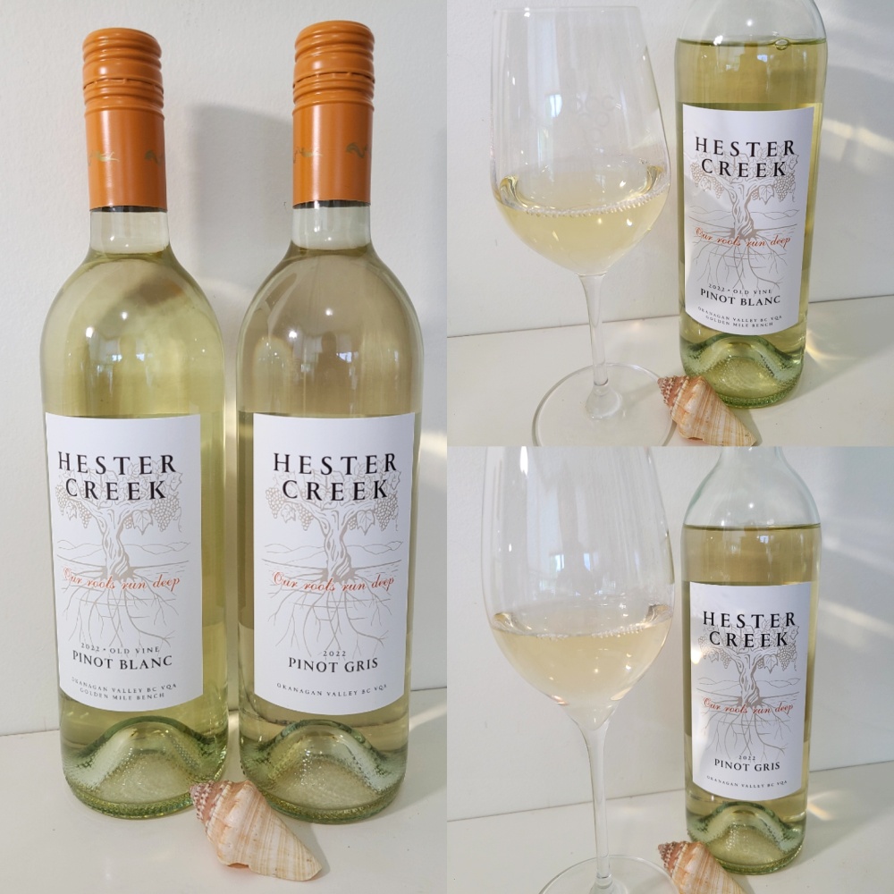Hester Creek's Pinot Gris and Old Vine Pinot Noir 2022 with wines in glasses