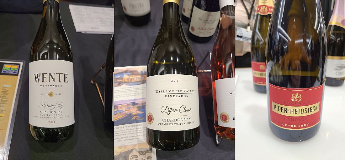 Wente Vineyards Morning Fog Chardonnay 2021, Willamette Valley Vineyards Dijon Clone Chardonnay 2021, and Piper Heidsieck Brut NV wines