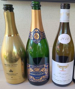 Azienda Agricola Maranello Moscato Spumante Gold, NV, Italy, André Clouet Grande Reserve Brut NV, France, and Domaine Gros Frere et Soeur, Bourgogne Hautes-Cotes de Nuits Blanc 2018, France wines