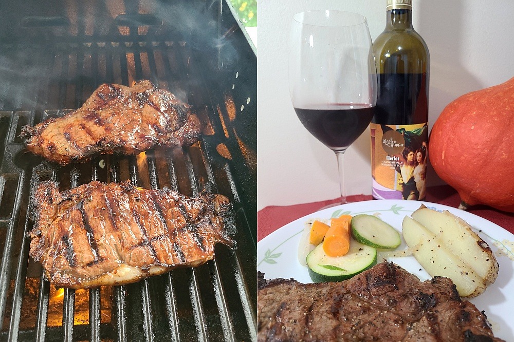 Grilled striploin steak and pairing with Blasted Church Vineyards Merlot 2021 wine on Thanksgiving