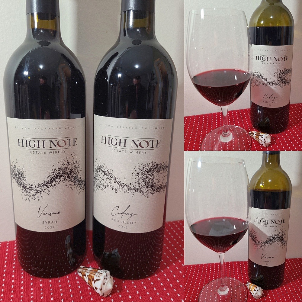 High Note Estate Winery Cadenza Red Blend 2021 and Verismo Syrah 2021 with wines in glasses