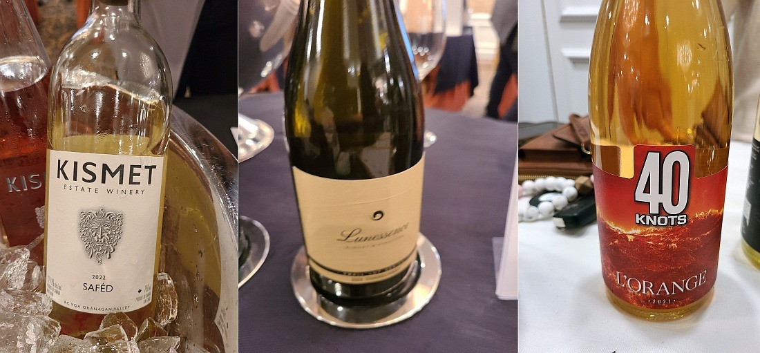 Kismet Estate Winery Saféd 2008, Lunessence Winery Small Lot Series Chardonnay 2022, and 40 Knots Winery l'Orange 2021 wines