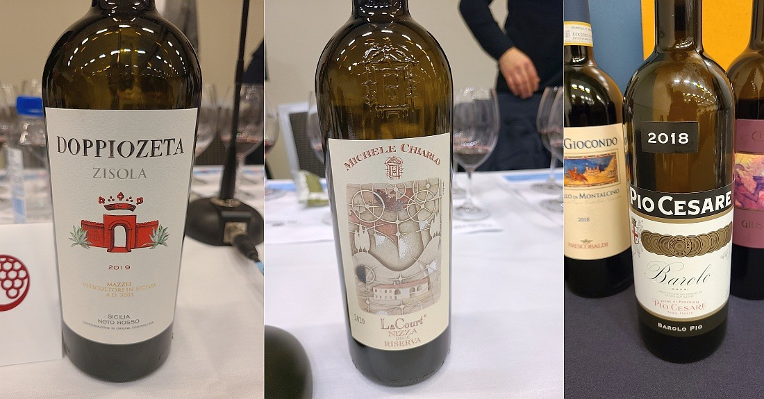 Marchesi Mazzei Doppiozeta Noto Rosso DOC 2019, Michele Chiarlo Nizza Riserva La Court DOCG 2020, and Pio Cesare Barolo 2018 wines