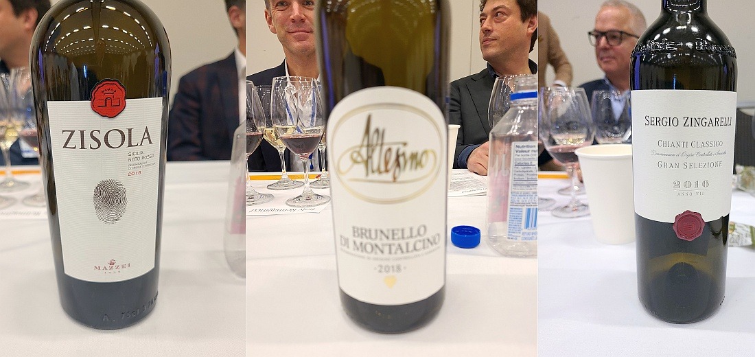 Marchesi Mazzei Zisola Nero d’Avola Noto Rosso DOC 2018, Altesino Brunello di Montalcino 2018, and Rocca delle Macìe Sergio Zingarelli Chianti Classico Gran Selezione DOCG 2016 wines