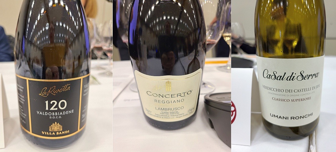 Villa Sandi Valdobbiabene Prosecco DOCG La Rivetta 120 NV, Medici Ermete Concerto Lambrusco Reggiano Organic 2022, and Umani Ronchi Casal di Serra Verdicchio Classico Superiore Organic 2022 wines