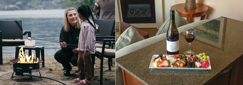 Summerland Waterfront Resort Hotel making smores an enjoying charcuterie in room9low
