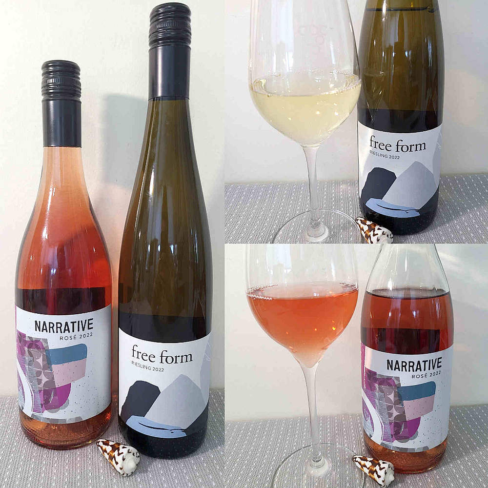 Narrative Rosé 2022 and free form Riesling 2022 with wines in glasses